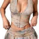 SOLY HUX Women's Y2k Skirt Sets 2 Piece Outfits Leopard Halter Crop Tops and Ruffle Layered Mini Skirt Set (Brown Tie Dye) M