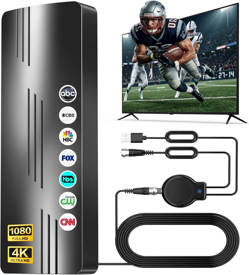 2026 Upgraded TV Antenna Indoor Outdoor, 3600+ Miles Long Range HD Digital TV Antenna for Local Channels with Amplified Signal Booster, Supports 4K 8K 1080p for All TVs39ft Coaxial Cable (Compact)