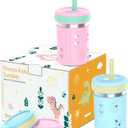 Tronco [2 Pack] 10 oz 2-in-1 Stainless Steel Kids Tumbler Cups with Silicone Sleeves, Spill-Resistant Flexible Straws & Storage Lids, BPA-Free Smoothie and Snack Cups, Dishwasher Safe (Peach Pink/Sky Blue)