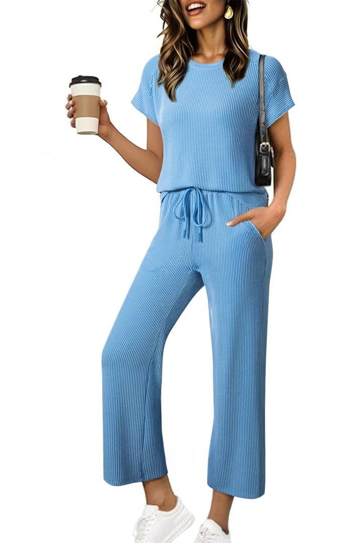 SHEWIN Women Summer Two Piece Sets Ladies Work Lounge Sets Fall Crewneck Loose Fit Airport Outfit Ribbed Knit Tops Wide Leg Pants 2026 Clothes Size L, Blue (L)
