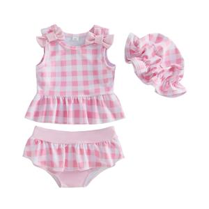 Toddler Girl Gingham Swimsuit Cow Print Sleeveless Ruffle Top Swim Shorts Sun Caps Infant Baby 3Pcs Bathing Suit (Gingham Pink, 18-24 Months)