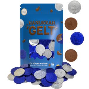 4 x The Dreidel Company Blue & Silver 50-Pack Hanukkah Milk Chocolate Coins, Hanukkah Dreidel & Menorah Design Gelt, Non GMO, Kosher Certified OU-D (EXP 01/22/27)