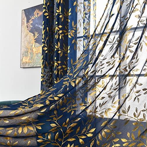 Deeprove Sheer Curtains 96 Inches Long 2 Panels, Gold Foil Metallic Vine Leaves Print Window Treatments Pair for Bedroom, Golden Bronzing Privacy Drapes, Rod Pocket, 52" W x 96" L, Navy Blue