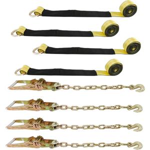 Classic Yellow Lasso Style Car Tie Down with Chain Anchors 2 Inch x 96 Inch 4 PCS 3,300 lbs Safe Working Load