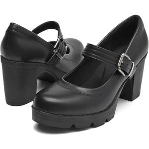 DADAWEN Women's Chunky Low Block Heels Mary Jane Closed Round Toe Pumps Comfortable Work Wedding Dress Shoes, Black, US Size 7