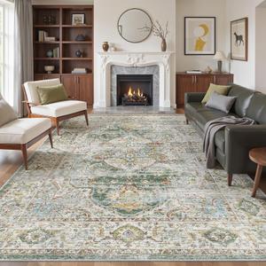befbee Washable Rug 8x10 Area Rugs for Living Room - Stain Resistant Non-Slip Backing Rugs for Bedroom - Vintage Large Area Rug (Green, 8'x10')