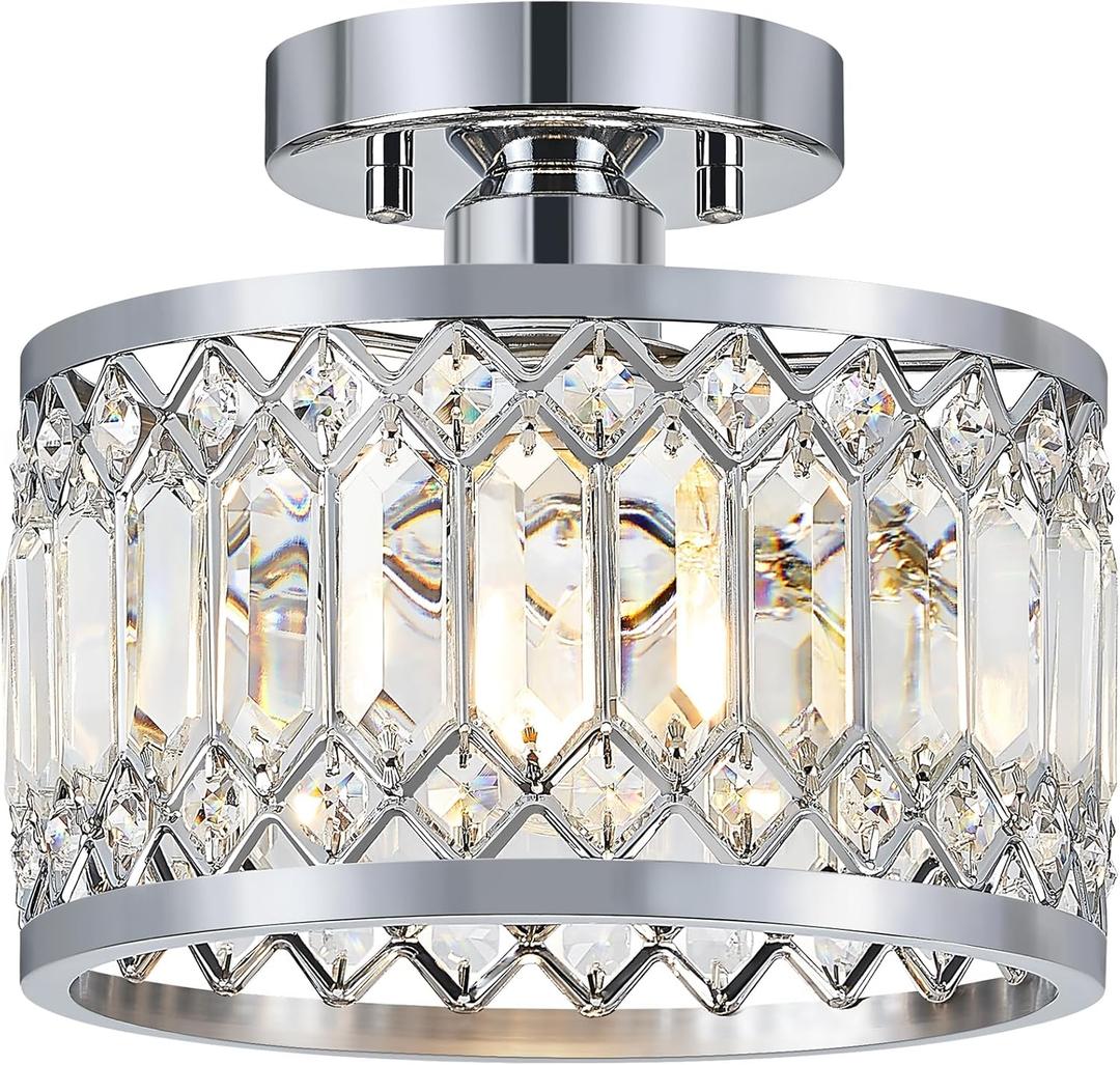 YURNYQ Crystal Ceiling Light Fixture, Modern Semi Flush Mount Ceiling Light, Chrome Lighting Fixtures Ceiling Lamp for Hallway, Kitchen, Entryway, Bedroom, Laundry Room, 9.05 Inch