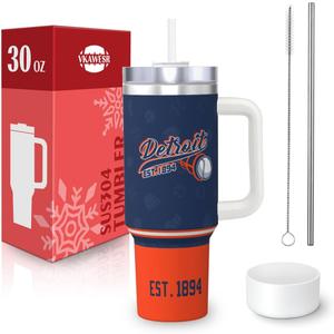 Detroit 30 oz Tumbler with Handle and Straw,Car cup,100% Leakproof Insulated Tumbler with Lid and Straw,Made of Stainless Steel,Cup Holder Friendly Base,Classic Collection Gifts for Fans