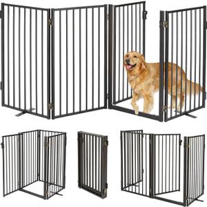 Metal Freestanding Dog Gates with Door for Outdoor Indoor,80'' Extra Wide 36'' Tall Free Standing Dog Gate for Doorways,Large Openings,Deck,Yard,Porch,Foldable Safety Pet Fence(Black,4 Panels)
