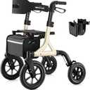 Walkers for Seniors, Rollator Walker with Seat, 12" Big Rubber Wheels All Terrain Rollator Walker with Backrest, Built-in Cable, Cup Holder, Foldable and Height Adjustment for Seniors, Gold