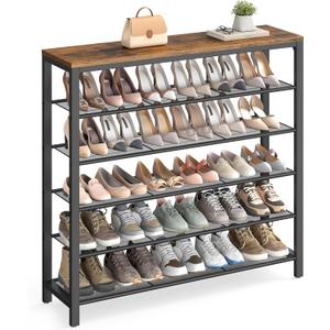 VASAGLE 6-Tier Shoe Rack, Shoe Organizer for Closet, Entryway, 24-30 Pairs of Shoes, Large Shoe Rack Organizer with 5 Metal Mesh Shelves, 11.8 x 39.4 x 43.3 Inches, Rustic Brown and Black ULBS016B01