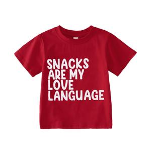 Toddler Baby Girl Boy Valentines Shirt Snacks are My Love Language Letter Valentine T-Shirt Short Sleeve Tee Tops, Red, Size 110