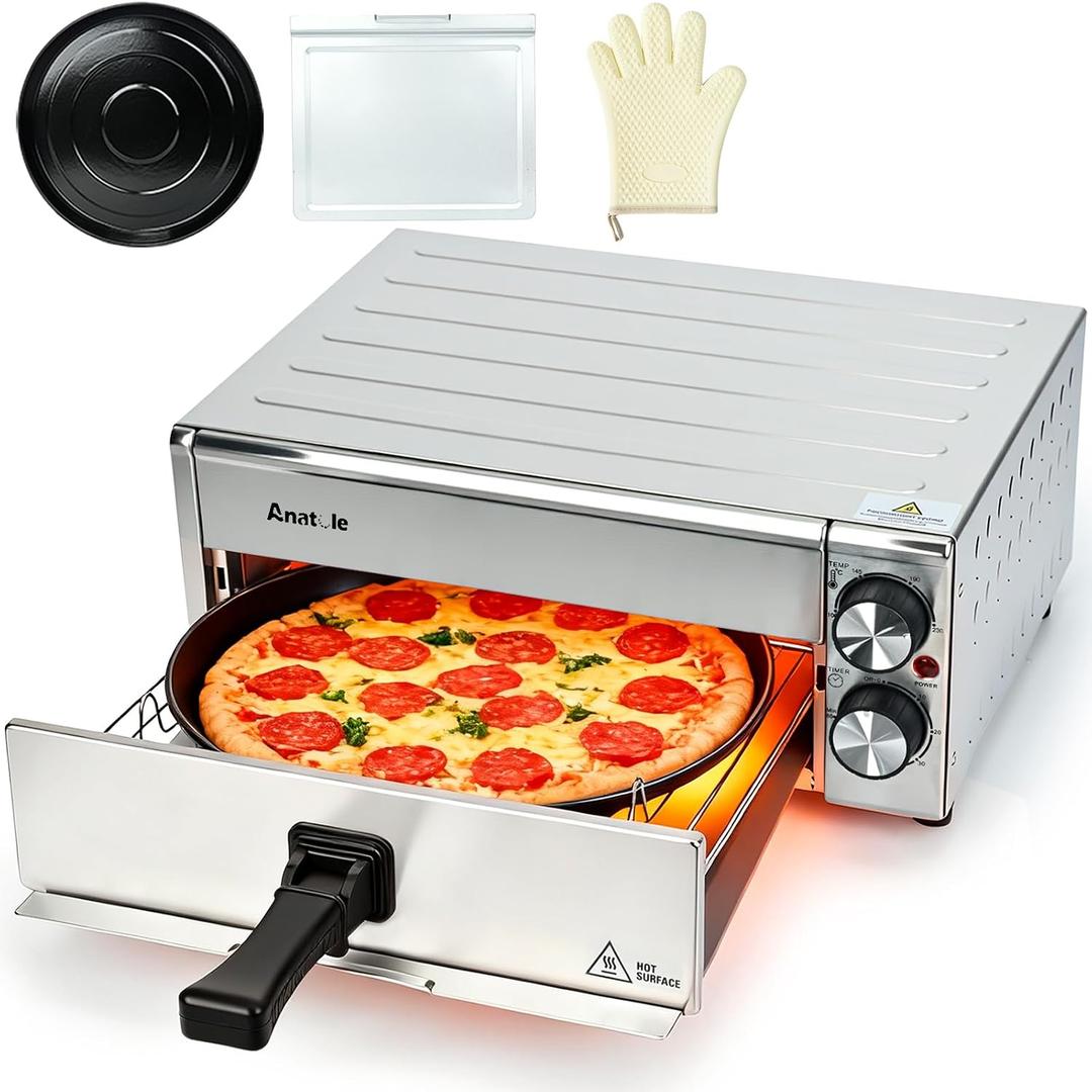Anatole Electric Pizza Oven Indoor Air Fryer 12" 1800W Stainless Steel Countertop Pizza Maker Convection Cooker Time Temperature Adjustable with Removable Crumb Tray ETL Certified, 17.2''l * 14.6''w * 7.3''h