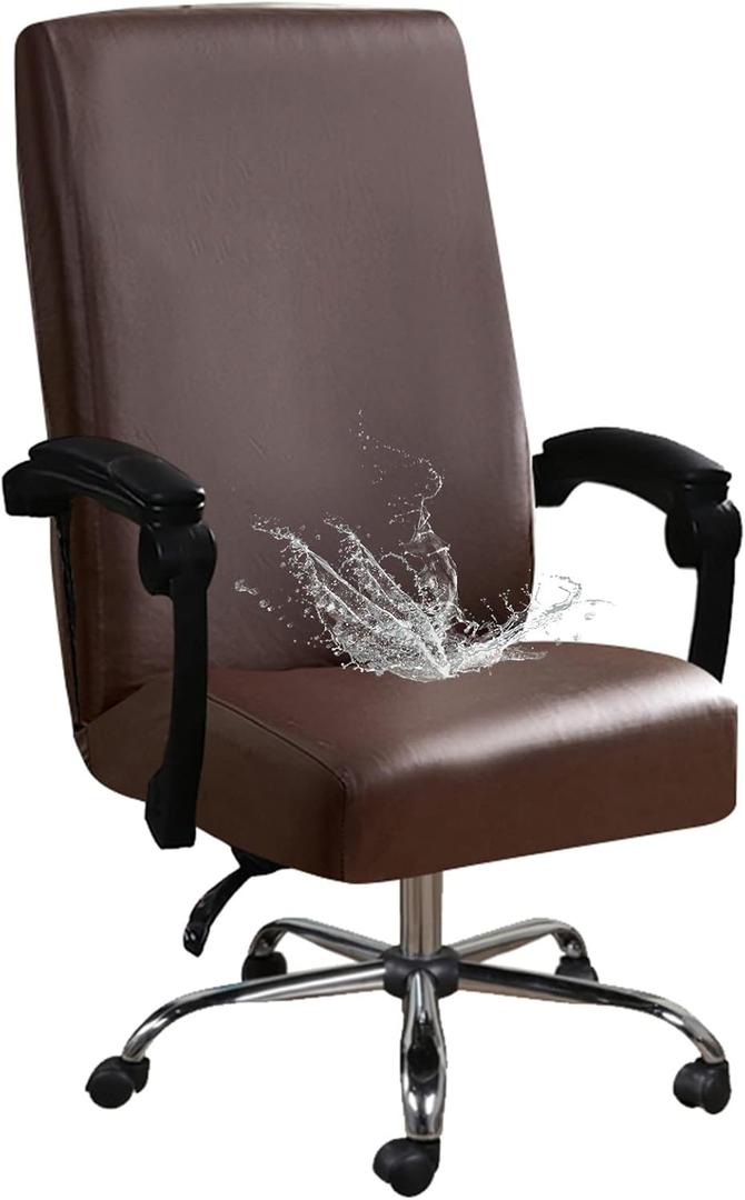Shukii Waterproof Office Chair Cover PU Leather Computer Seat Covers Stretch Rotating Chair Slipcover with Elastic Bottom Universal Chair Protectors for Rotating Boss Chair (Brown, Large)