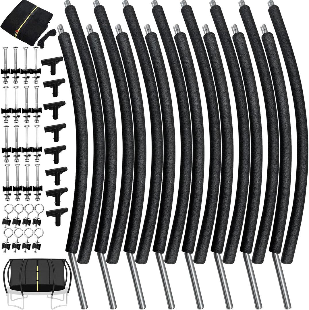 12Ft 8 Pcs Trampoline Curved Poles Replacement with Enclosure Net, Trampoline Curved Pole, Plastic T Connector, Fiberglass Rods, Mounting Hardware, Foam Covers