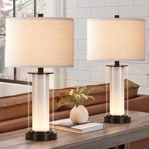 Kyrid 23.25'' Glass Table Lamp Set with Built-in Frosted Glass Night Light for End Table Entryway Modern Black Beside Table Lamp Set with USB Ports (2 Bulbs Included)