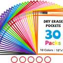 Gamenote 30 Pack Dry Erase Pockets with 5 Rings, 10 Assorted Colors 10x14 Oversized Reusable Plastic Sleeves, Clear Sheet Protectors, Teacher Supplies for Classroom Organization