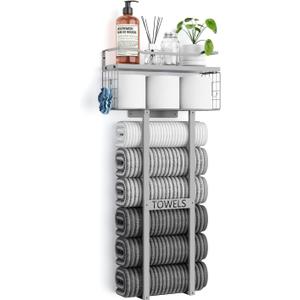 Towel Racks for Bathroom - Wall Mounted Metal Rack with Wood Plank, Bathroom Storage Organizer, Towel Holder Stores 6 Large Rolled Towels Easily, All Grey (XL (31"))