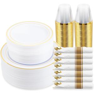 350 Piece Gold Dinnerware Set,100 Plastic Plates, 50 Cups,50 Pre Rolled Napkins with Plastic Silverware, Disposable Gold Dinnerware Set for 50 Guest