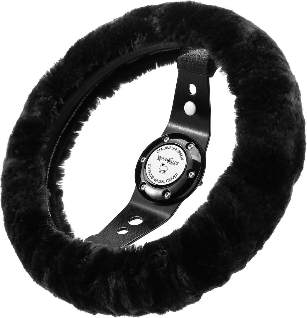 Andalus Brands Luxury Fluffy Car Steering Wheel Covers  Genuine Merino Sheepskin, Soft Fuzzy Car Steering Wheel Cover for Women, Universal 14.5-15" Size, Plush Fur Cute Auto Accessories, Black