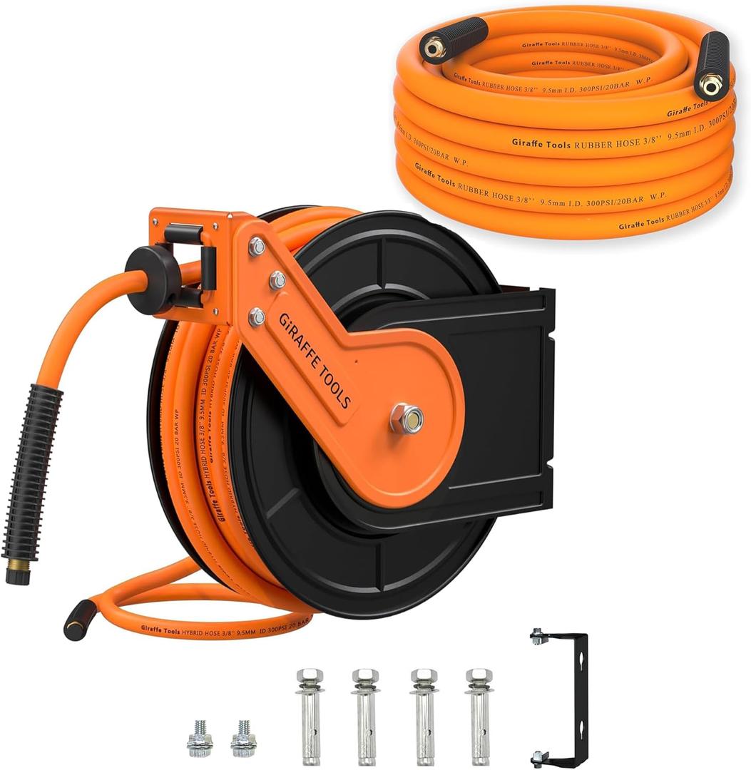 Giraffe Tools Air Hose, 3/8 inch x 25 ft Air Compressor Hose, 1/4 in. MNPT Fittings, Hybrid 300 PSI, Kink Resistant, Lightweight Leadin Air Hose, AllWeather Flexibility, Orange