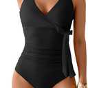 B2prity Women's One Piece Swimsuit Tummy Control Slimming Bathing Suit V Neck Swim Suit Color Block Tie Side Swimwear (Black)
