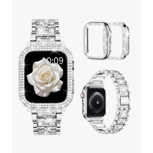 Mosonio Compatible with Apple Watch Band 38mm 40mm 41mm 42mm 44mm 45mm 46mm 49mm with 2 Pack Case Women, Jewelry Replacement Metal Bands Strap with Bling PC Protective Case for iWatch Ultra SE Series 10/9/8/7/6/5/4/3/2/1