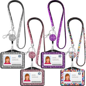 Ctosree 4 Sets Rhinestone Lanyard Bling ID Card Holder Crystal Retractable Badge Reel Rhinestone Neck Lanyard Card Holder with Metal Clasp and Key Ring for Women Nurse Teacher, 4 Colors (Horizontal)