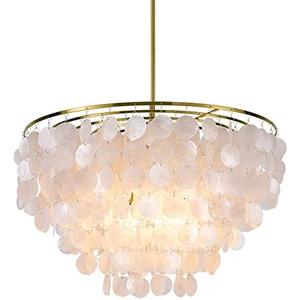 Wellmet Natural Capiz Shell Chandelier, 6 Lights Silver Coastal Modern Chandelier Pendant Lighting, Hanging Round Layered Chandelier for Living Room, Dining Table, Bedroom, Kitchen, Foyer, W-23.62”, (Color: Gold)