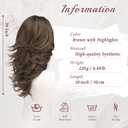 FESHFEN Brown with Highlights Wavy Layered Wig with Curtain Bangs for Women, 20 Inch Long Synthetic Natural Looking Middle Part Hair Wig For Costume Party Daily Use