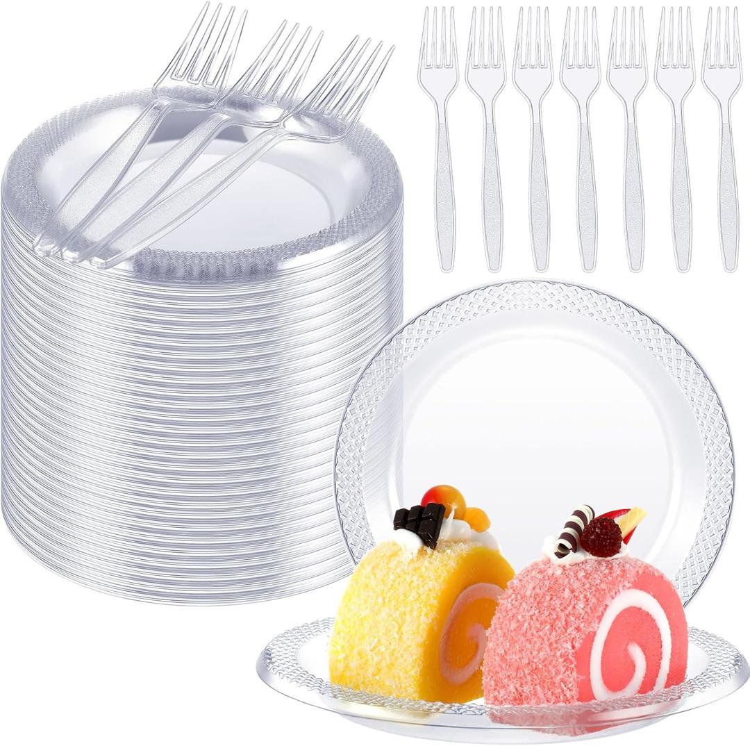 Hushee 400 Pcs Clear Plastic Dessert Plates 6'' with Forks 7'' for Cake Appetizer, 200 Small Disposable Plates and 200 Plastic Forks, Serve 200 Guests for Wedding Birthday Party Bulk