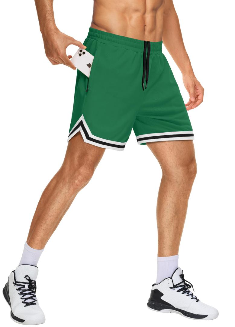 JWM Mens 5" Basketball Gym Athletic Sports Shorts with Zipper Pockets Green (Green, XXL)