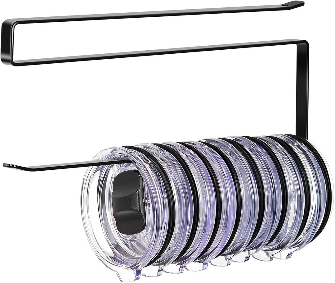 Tumbler Lid Organizer, Horizontal Tumbler Lid Storage Hook Up to 10 Lids, Space Saving Cup Lid Holders Under Cabinet Tumbler Lid Hook for Kitchen Organizer and Storage, Hanging Paper Towel Rack Hanger (Black)