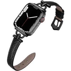 D-Shape Metal Buckle Compatible with Apple Watch Band 49mm 45mm 44mm 42mm Leather Strap Replacement Strap for iWatch Series Ultra 2/Ultra 9/8/7/6/5/4/3/2/1/SE/SE2 (Black-Black)