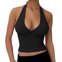 YFANG Women's Sexy Halter Deep V Neck Crop Tank Top Stretchy Sleeveless Double Lined Slim Fit Going Out Tank Top Black X-Large