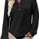 Women's Long Sleeve V Neck Henley Shirts Textured Lightweight Tunic Sweaters Dressy Casual Tops 2025 Fall Blouses (Black, XL)
