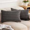 Double-Sided Faux Fur Plush Throw Pillow Covers 12x20 Set of 2 Fuzzy Striped Soft Cozy Pillowcase Luxury Decorative Pillows Rectangle Shaggy Cushion Covers for Couch Sofa Bed,Dark Grey
