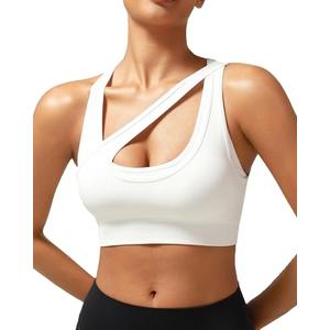 RUNNING GIRL Sports Bras for Women, Seamless Ribbed Sports Bra High Support Workout Racerback White Bra Padded Push Up (WX3038White,L)