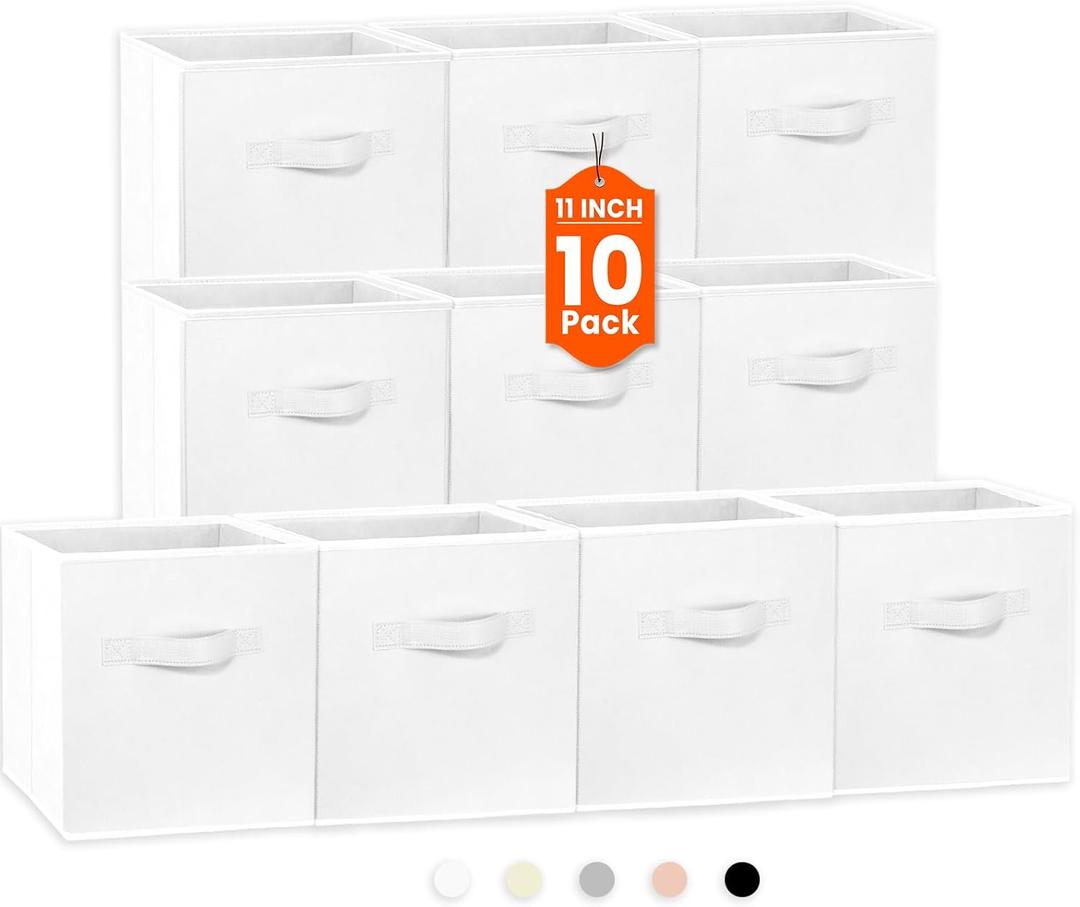 Criusia Storage Cubes, 11 Inch Cube Storage Bins for Shelves Closet Nursery Bedroom - 10 Pack Collapsible Baskets with Handles - Fabric Bins for Organizing Clothes Blanket Toys (White)