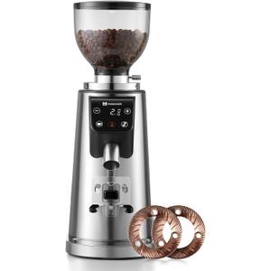 MOKKOM Professional 64mm Plated Flat Burr Coffee Grinder with 100 Grind Settings, All-Metal Stainless Steel Body, Coffee Bean Grinder with Adjustable Electronic Timer, Anti-Static, LED Display