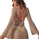 Floerns Women's Crochet Cover Up Long Sleeve Hollow Out Bikini Swimsuit Beach Cover Up Swimwear (Large, Camel Beige)
