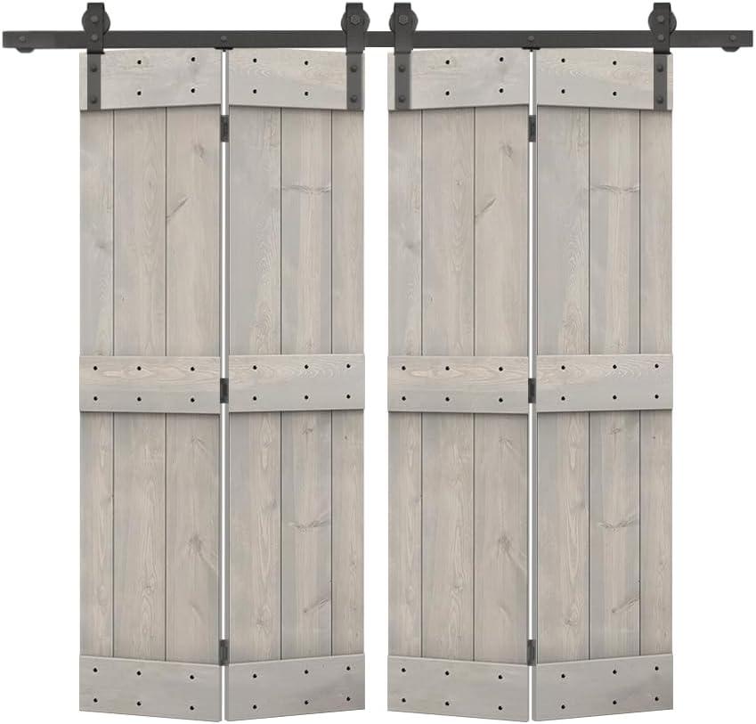 48 in. x 84 in. Mid-Bar Series Silver Gray Stained DIY Wood Double Bi-Fold Barn Doors with Sliding Hardware Kit