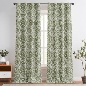 jinchan Room Darkening Curtains for Bedroom Sage Green Damask Patterned Curtains 84 Inch Length for Living Room Linen Textured Vintage Drapes Medallion Window Treatments Grommet Top 2 Panels Set (75% Blackout Green)