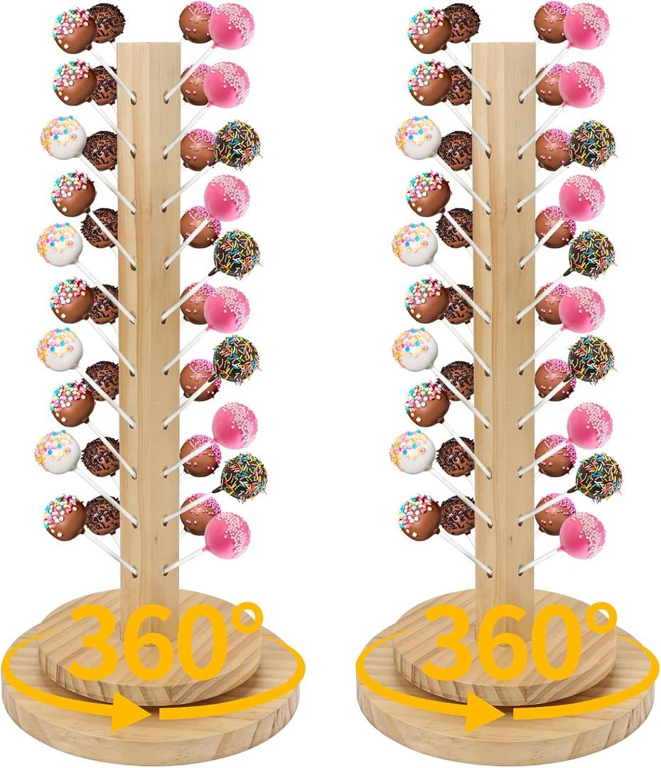 Wood Cake Pop Stand 36 Holes with Spinning Base,Cake Pop Holder Stand for Dessert Table,Lollipop Holder Candy Table Display, Dessert Stand for Wedding Birthday Baby Shower Parties Anniversaries (2 Pack)