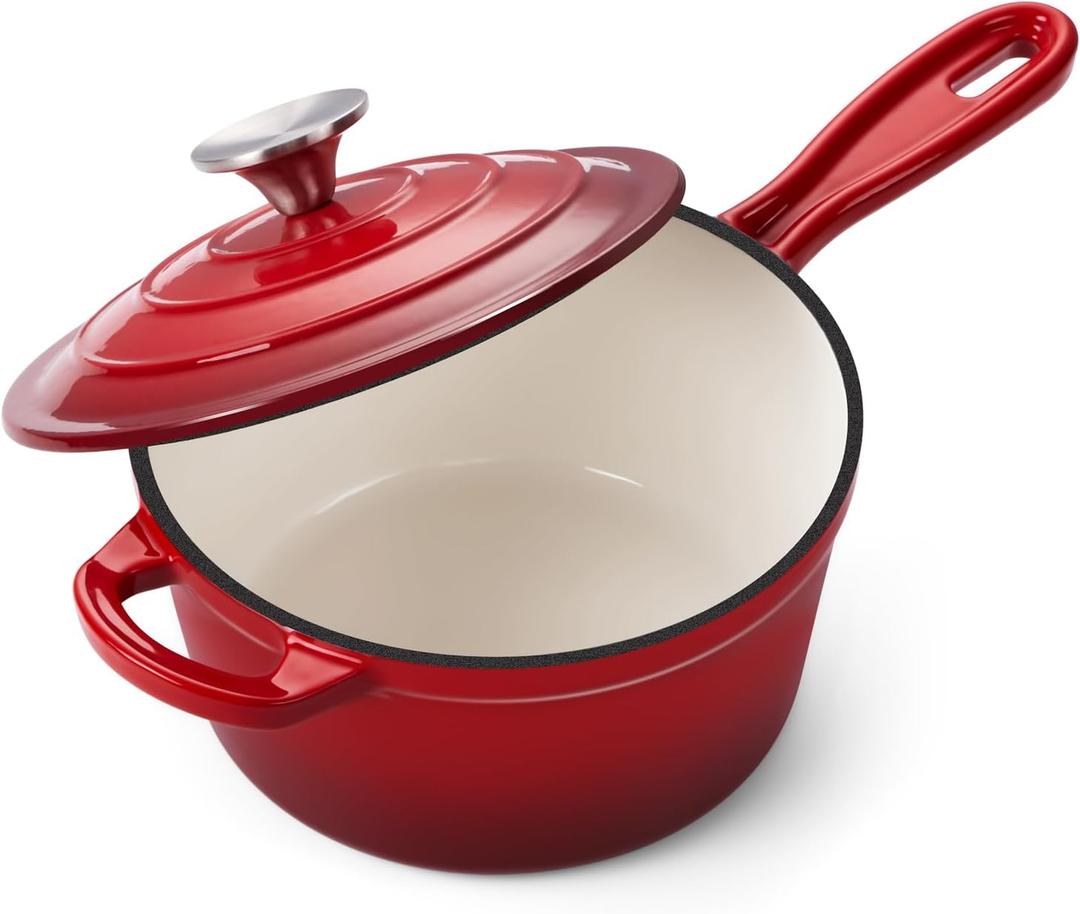 Onader 2QT Saucepan with Lid, Enameled Cast Iron Sauce Pan Pot, Small Dutch Oven Cooking Kitchen Pot, Nonstick & Heavy Duty  Red
