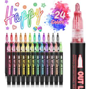 24-Color Metallic Outline Markers for Kids - Double Line Glitter Pens for Drawing, Cards & Crafts