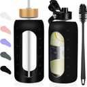 FULBEVY Glass Water Bottles 64 oz - Half Gallon Large Motivational Daily Water Intake Bottle Time Marker - Glass Water Bottle With Straw, Silicone Sleeve 2 Lids, Handle Spout & Bamboo Lid(Black)