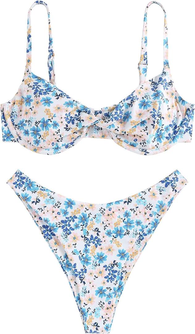 ZAFUL Women's Twist Front Bikini Sets Underwire Tie Back Bikini High Waisted Two Piece Swimsuit (1-floral Blue), S