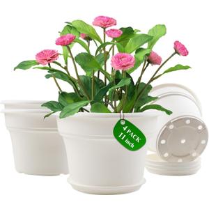 11 Inch Plastic-Flower-Pot-for-Indoor-Plants, 4 Pack Large Outdoor Planter Pot with Drainage Holes & Saucers, Resin Decorative Garden Pots Planters (White)