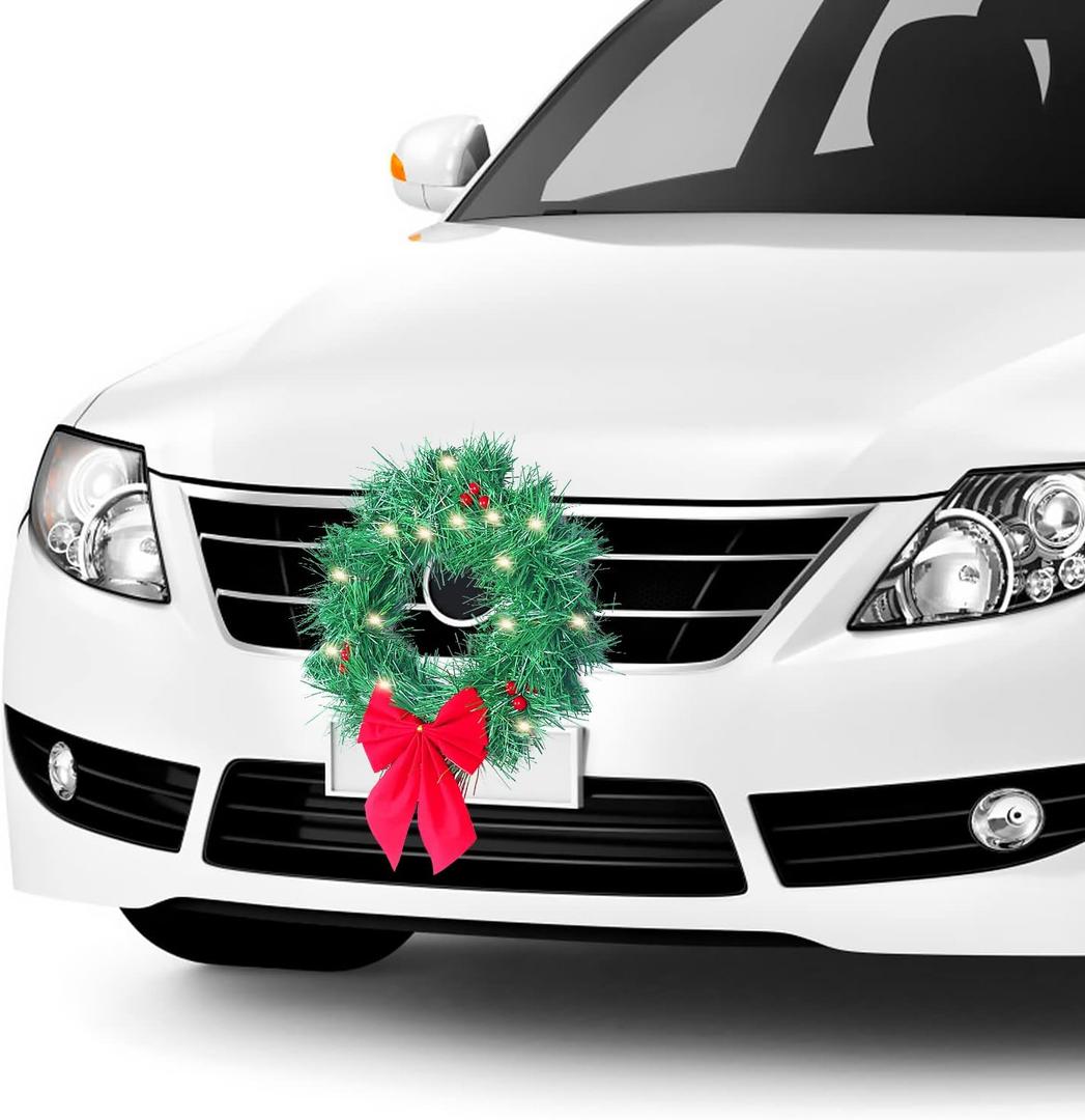 Christmas Car Decoration Wreath with Lights Christmas Car Wreath Accessories for Car, Truck, SUV or Any Car Grille, Mounting Equipment Included (Green)